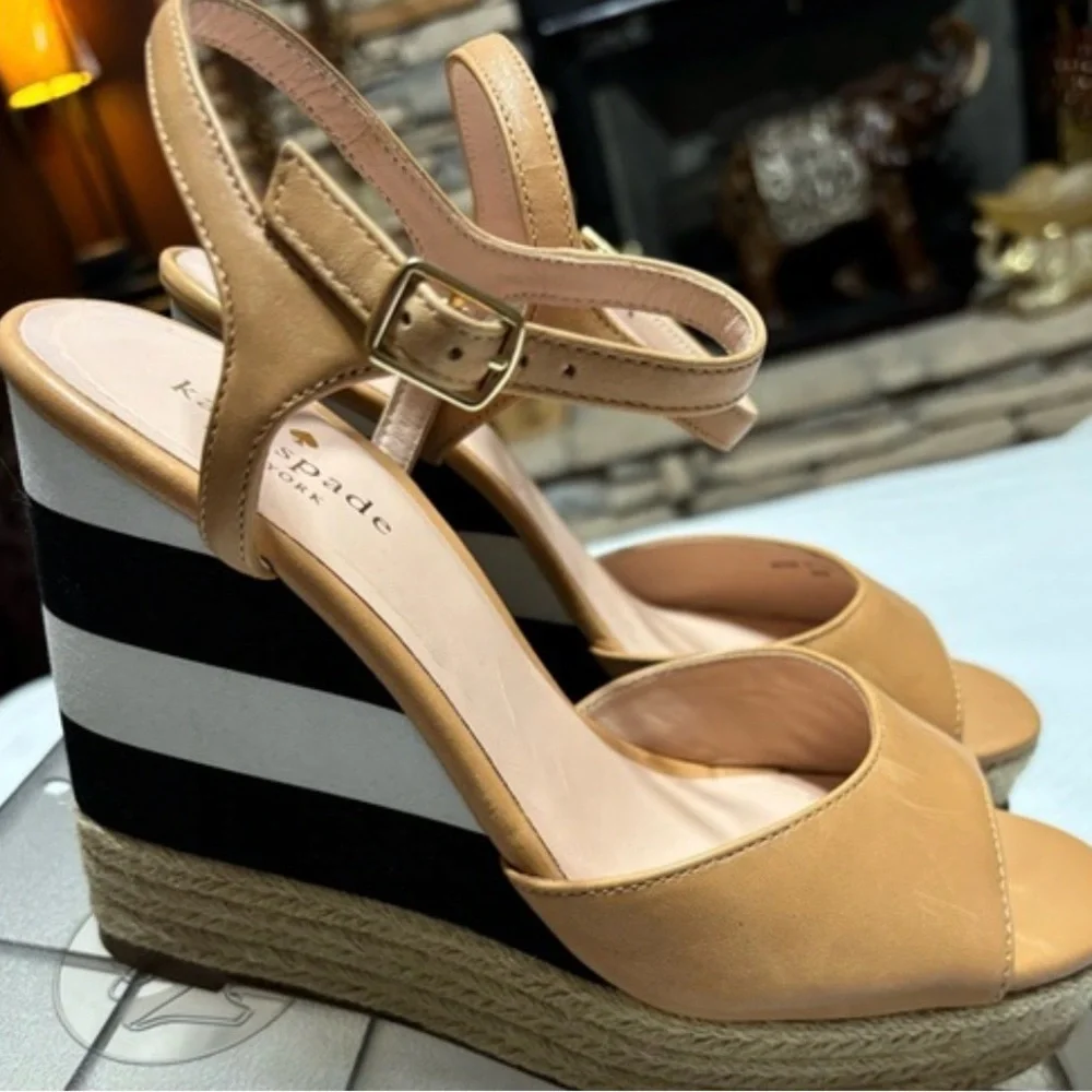 kate spade tan and black striped espadrille wedge sandals